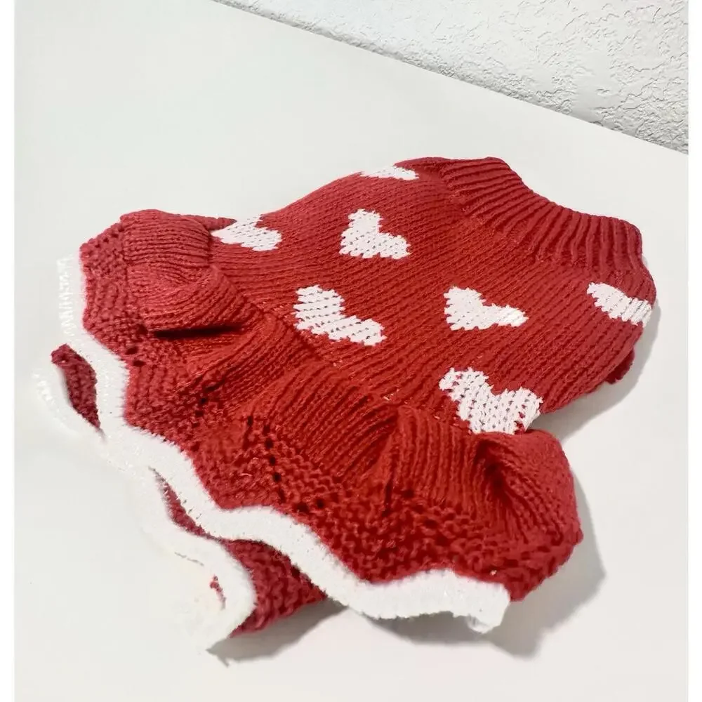 NEW Small Dog Sweater Red Knit Skirt White Hearts Puppy Sweater Size XS Warm